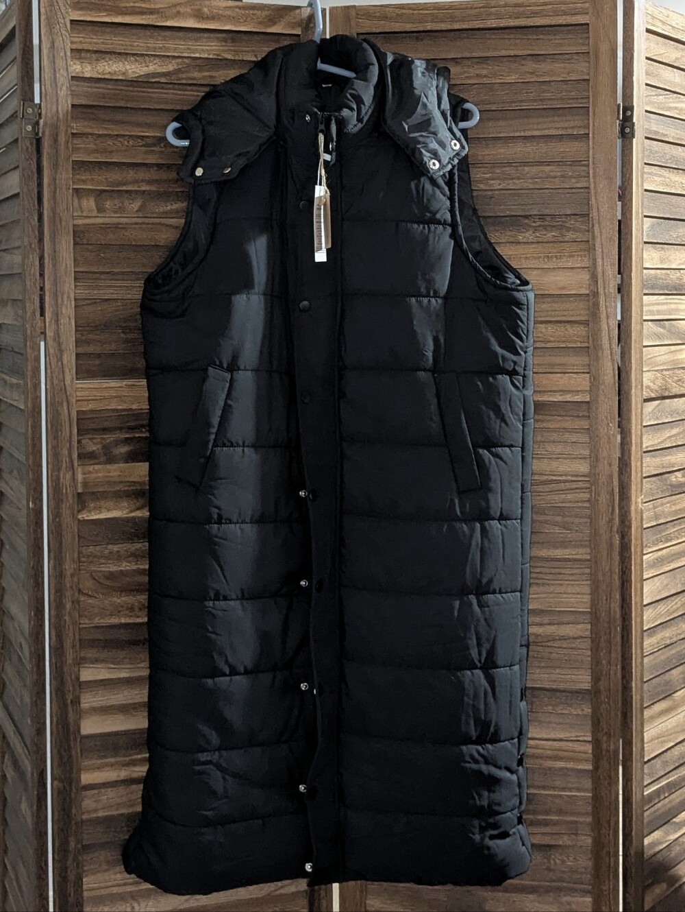 NWT Harper & Lane Black Longline Hooded Puffer Vest Quilted Duster Jacket